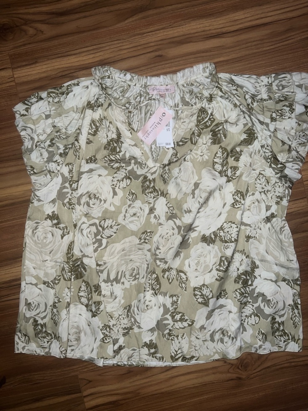 Philosophy Olive Green & White Floral Ruffled V-Neck Blouse